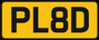 Yellow license plate with 'PL8D' text on a beige background